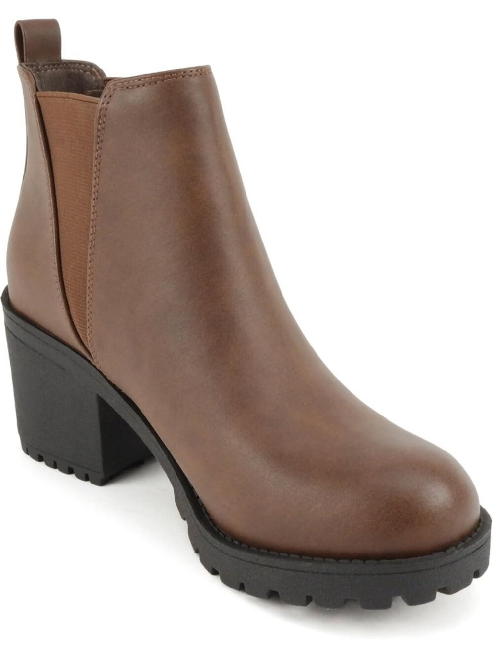 Womens Brown Origami Lug Sole Mid Heel Fashion Ankle Bootie Double Elastic Boot - Picture 5 of 6